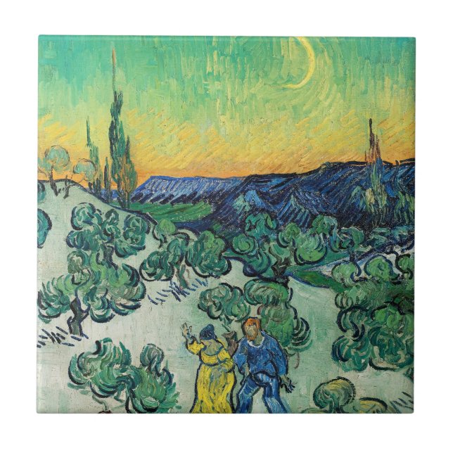Azulejo De Cerâmica Casal Romântico Van Gogh Caminhando Sob a Lua (Frente)
