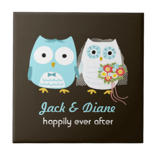 Azulejo De Cerâmica Casamento de Owls - Noiva e noiva com texto person