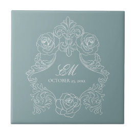Azulejo De Cerâmica Casamento Monograma de Azul Desbotado em Estilo Re
