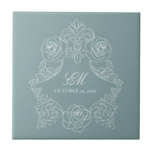 Azulejo De Cerâmica Casamento Monograma de Azul Desbotado em Estilo Re