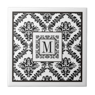 Azulejo De Cerâmica Casamento preto, branco do monograma da cor