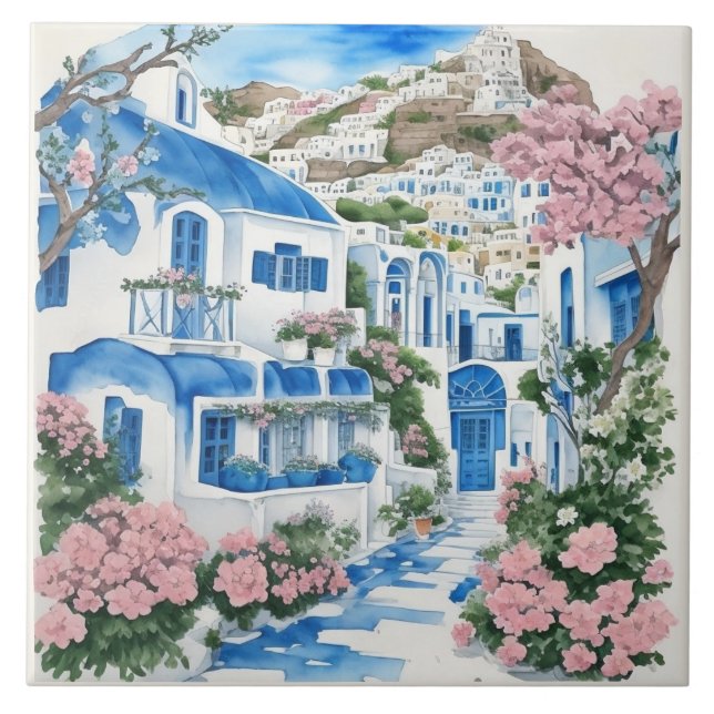 Azulejo De Cerâmica Casas de Aquarela Santorini e Flores Rosa (Frente)