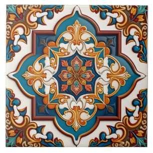 Azulejo De Cerâmica Castanho Azul-Teal do Mediterrâneo ornamentado