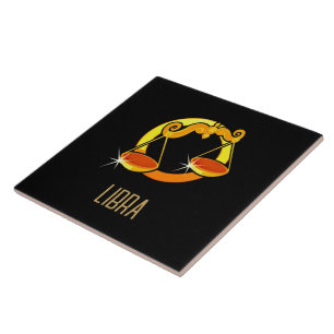 Azulejo De Cerâmica Castanho e dourado - Sinal zodiano de Libra preto