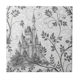 Azulejo De Cerâmica Castelo de Fairytale em Escala de Cinza com Fronte