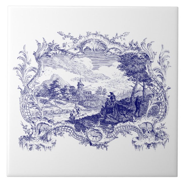 Azulejo De Cerâmica Castelo de Rococo Cartouche Barroco Azul e Branco (Frente)