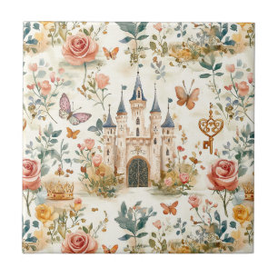Azulejo De Cerâmica Castelo Medieval Vintage Borboleta Fantasia Floral