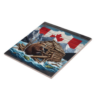 Azulejo De Cerâmica castor canadense com bandeira e lodo na natureza