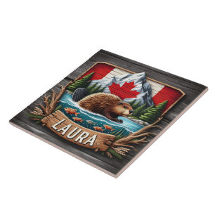Azulejo De Cerâmica castor canadense com bandeira e montanhas