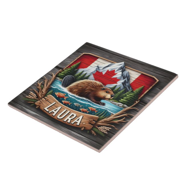 Azulejo De Cerâmica castor canadense com bandeira e montanhas (Lateral)