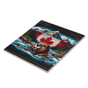 Azulejo De Cerâmica castor canadense com bandeira em Mountain Stream