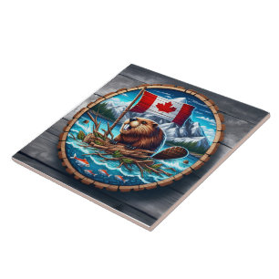 Azulejo De Cerâmica castor canadense com bandeira na paisagem montanho