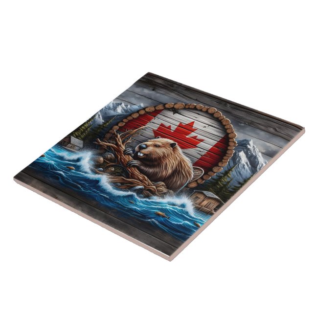 Azulejo De Cerâmica castor canadense em frente à paisagem montanhosa (Lateral)