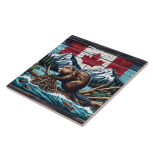 Azulejo De Cerâmica castor canadense pela bandeira e montanhas