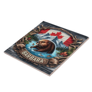 Azulejo De Cerâmica castor canadense próximo a montanhas e folhas de m