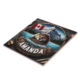 Azulejo De Cerâmica Castor canadense segurando material de ninho por l