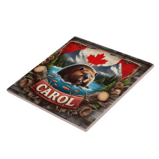 Azulejo De Cerâmica castor canadense, sinalizador, modo de montanha