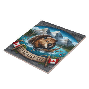 Azulejo De Cerâmica Castor Canadiano Nadando em lago de montanha