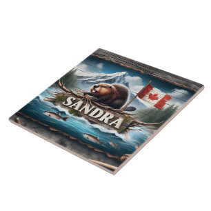 Azulejo De Cerâmica Castor Canadiano no Rio Cênico com Bandeira