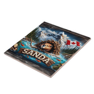 Azulejo De Cerâmica Castor, Montanha, Bandeira, Oceano Azul