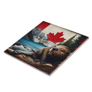 Azulejo De Cerâmica Castor na selva canadense com fundo de bandeira