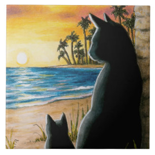 Azulejo De Cerâmica Cat 597 Black cats na praia