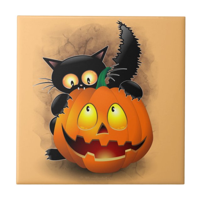 Azulejo De Cerâmica Cat Fun Halloween Character biting a Pumpkin  (Frente)