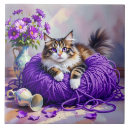 Azulejo De Cerâmica Cat  in Purple Yarn and Flowers  