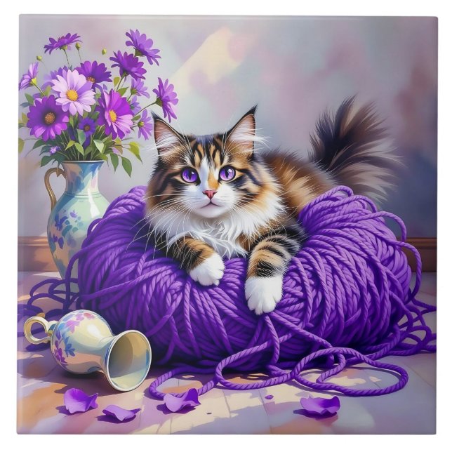 Azulejo De Cerâmica Cat  in Purple Yarn and Flowers   (Frente)