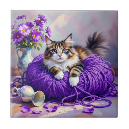Azulejo De Cerâmica Cat  in Purple Yarn and Flowers  