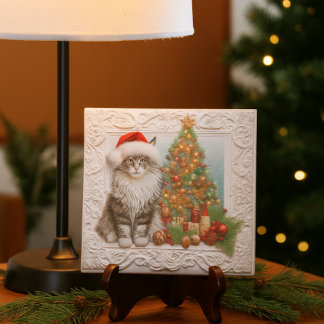 Azulejo De Cerâmica Cat Lovers Embossed Christmas Holiday