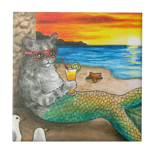 Azulejo De Cerâmica Cat Mermaid 25 Beach Sunset (Frente)