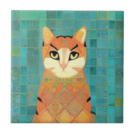 Azulejo De Cerâmica Cat moroccan mosaic ginger on turquoise background