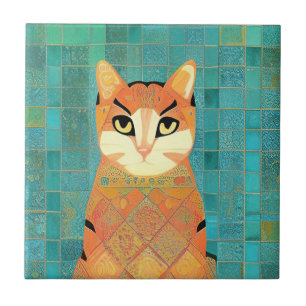 Azulejo De Cerâmica Cat moroccan mosaic ginger on turquoise background