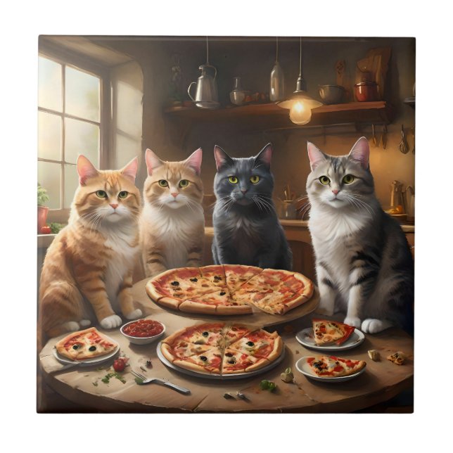 Azulejo De Cerâmica Cat Pizza Night, (Frente)