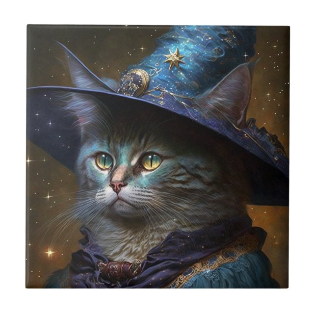 Azulejo De Cerâmica Cat Witch Fantasy Art (Frente)
