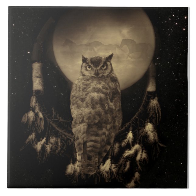 Azulejo De Cerâmica Cavaleiro de Sonho Americano com Coruja e Cavalos (Frente)