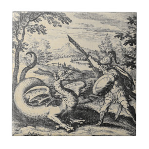 Azulejo De Cerâmica Cavaleiro em Armor Tocando o Dragão