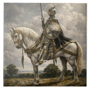 Azulejo De Cerâmica Cavaleiro Medieval a Cavalo Arte de Fantasia Retro