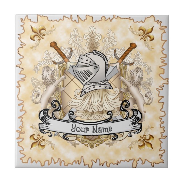 Azulejo De Cerâmica Cavaleiro sépia Sobrenome Escudo (Frente)