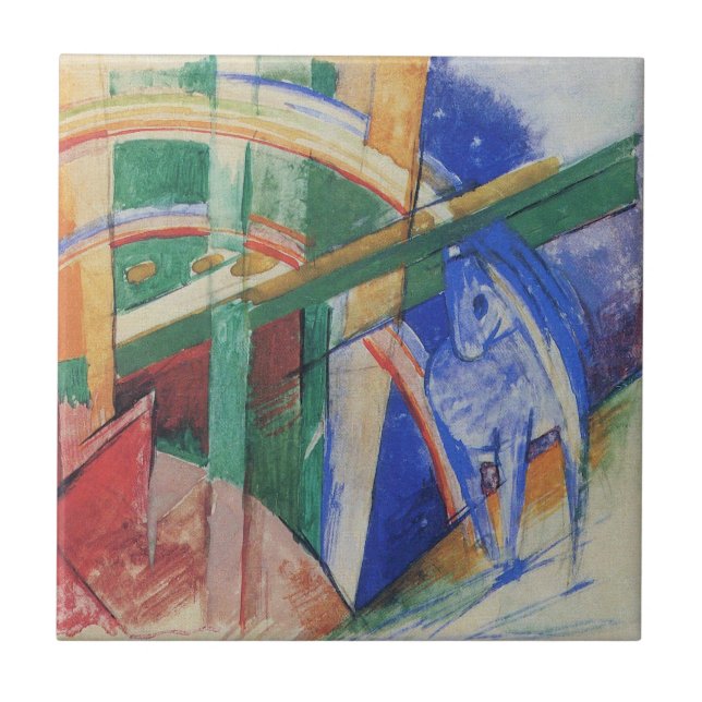 Azulejo De Cerâmica Cavalo Azul com arco-íris por Franz Marc (Frente)