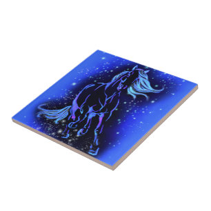 Azulejo De Cerâmica Cavalo Azul Neon Correndo À Lua À Noite Estrelad