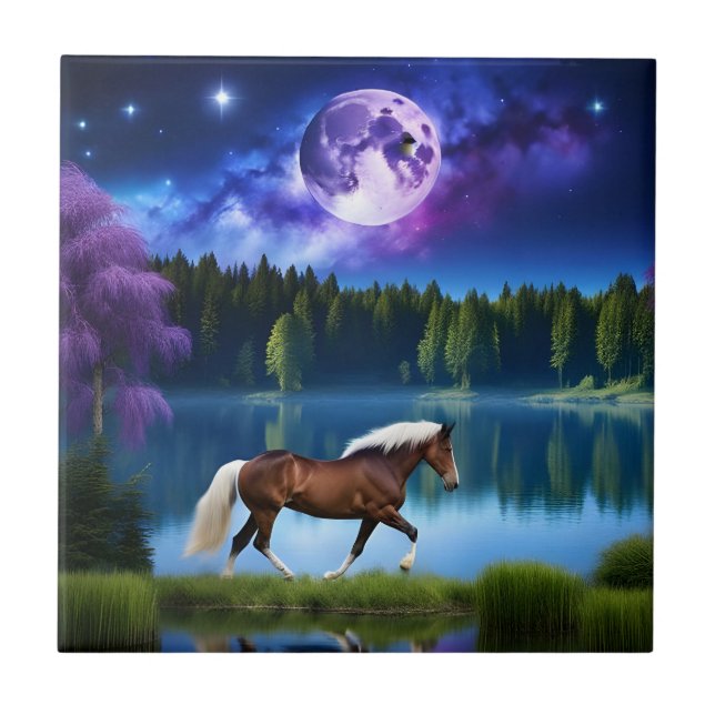 Azulejo De Cerâmica Cavalo belga Palomino sob um céu estrelado roxo (Frente)