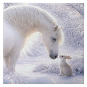 Azulejo De Cerâmica Cavalo Branco Lindo e Coelho na Neve