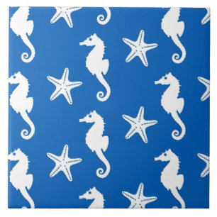 Azulejo De Cerâmica Cavalo-da-costa e estrelas-do-mar - branco em azul