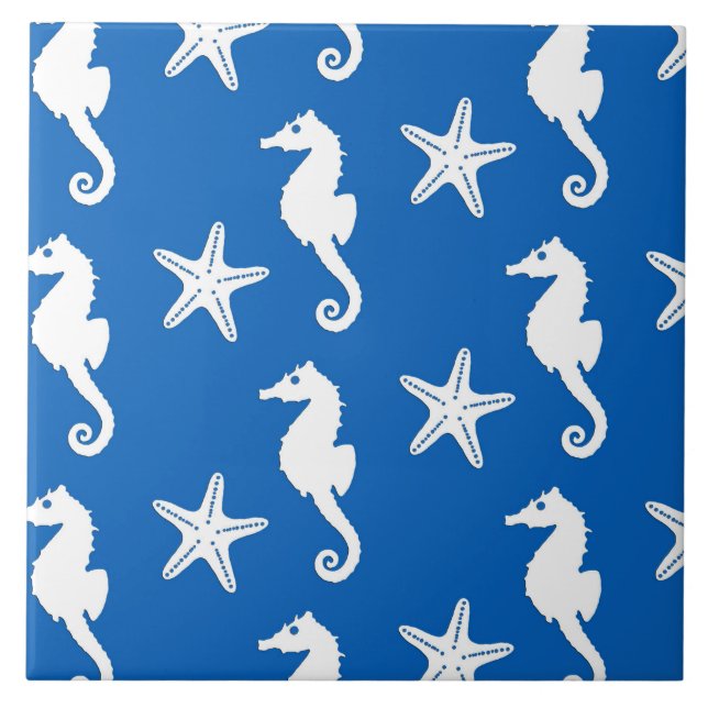 Azulejo De Cerâmica Cavalo-da-costa e estrelas-do-mar - branco em azul (Frente)