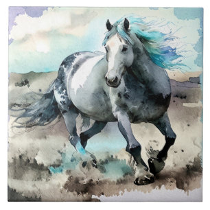 Azulejo De Cerâmica Cavalo de Água-forte Aquarela Galopante