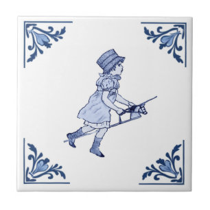 Azulejo De Cerâmica Cavalo de Brinquedo Ancorado Delft Canto Azul e Br