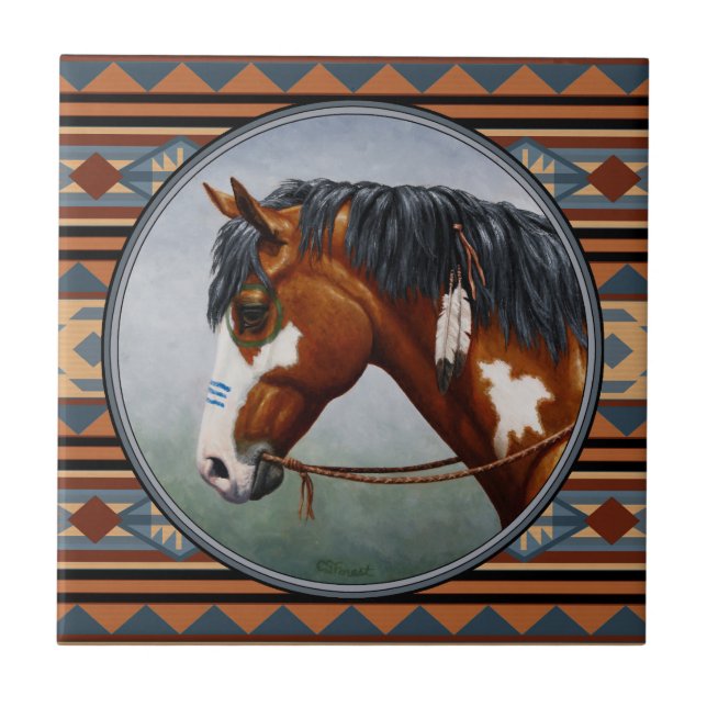 Azulejo De Cerâmica Cavalo de Guerra de Bay Pinto Design Sudoeste (Frente)