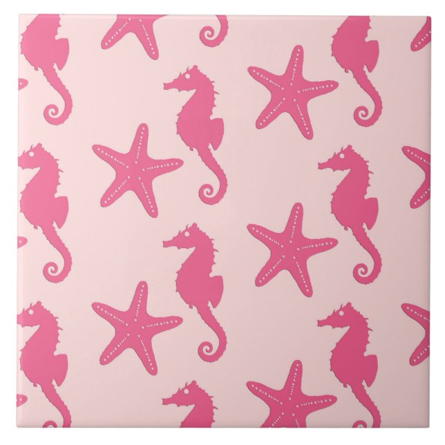 Azulejo De Cerâmica Cavalo de mar e estrelas-do-mar - cor-de-rosa-cora (Frente)